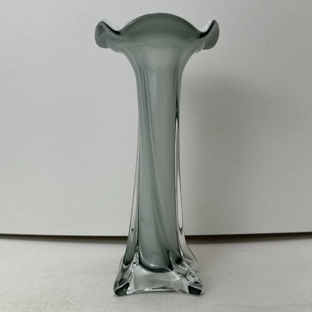 Flared White Cased Glass Vase Gray Accents Tall Twist Art Glass 8